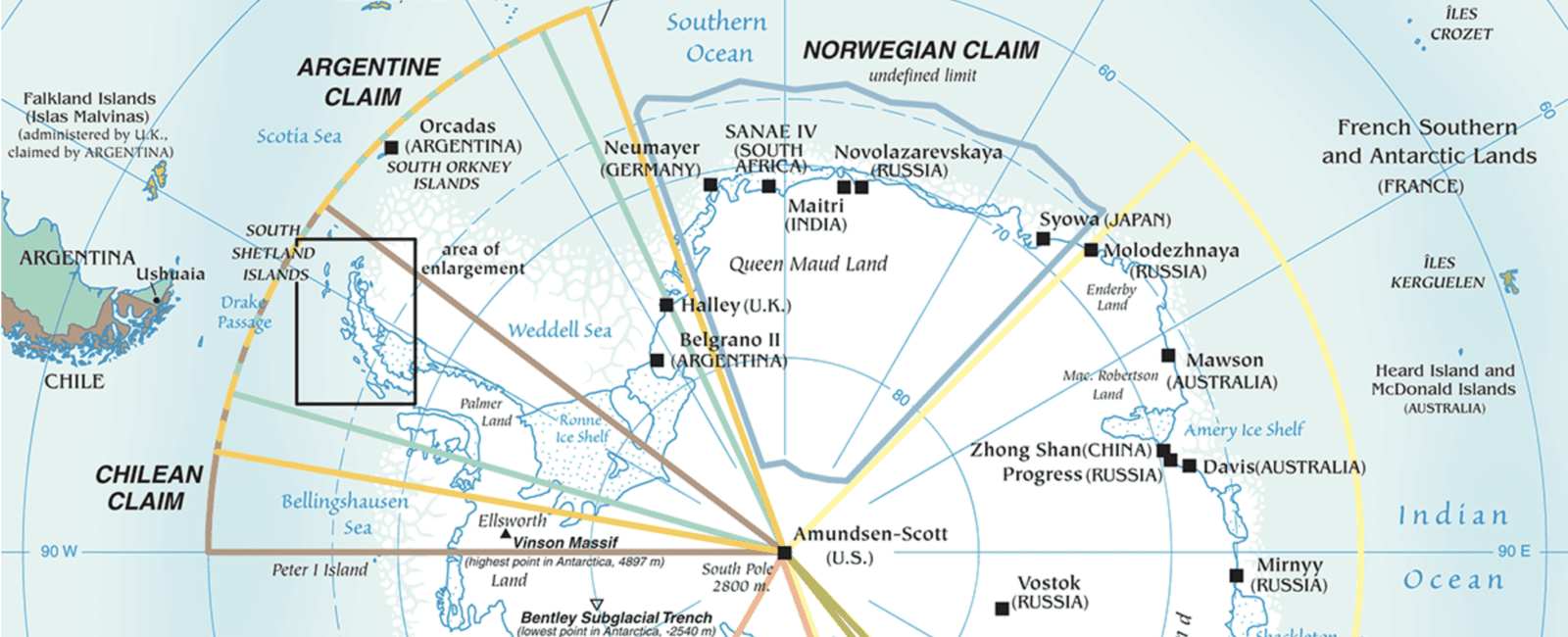 Seven countries have claimed pie shaped wedges of antarctica they are argentina australia chile france new zealand norway and the united kingdom