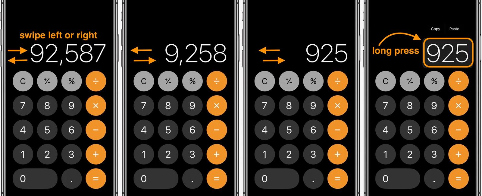 In the iphone calculator app swipe left or right to delete the last number