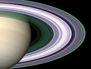 Saturn s ring system extends outwards 175 000 miles 282 000 kilometers but the individual rings are only around 30 feet 10 meters high when measured vertically