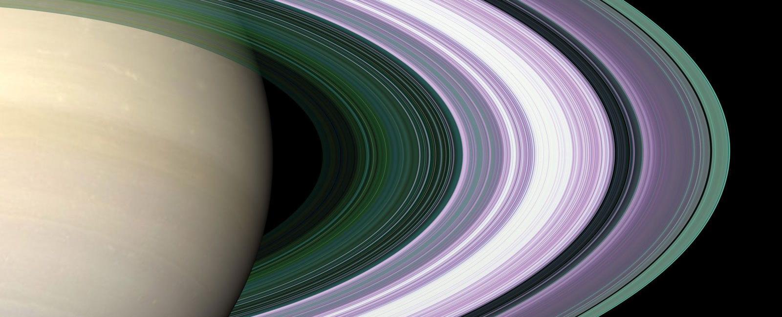Saturn s ring system extends outwards 175 000 miles 282 000 kilometers but the individual rings are only around 30 feet 10 meters high when measured vertically