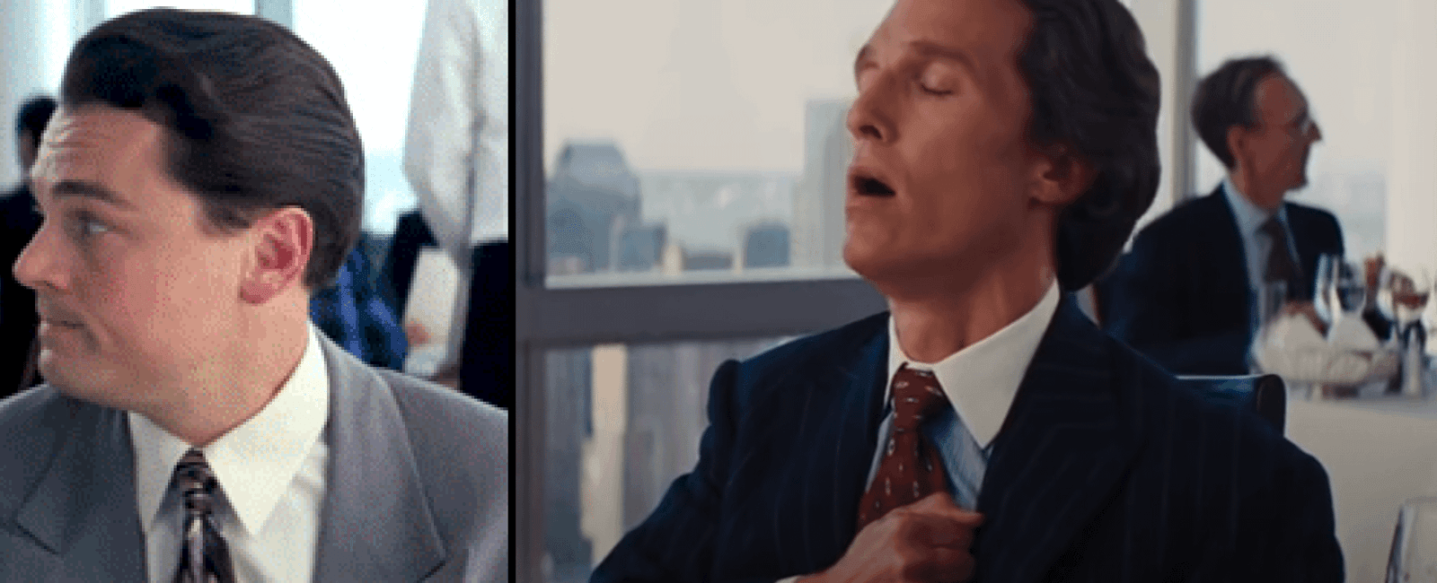 Matthew mcconaughey thumps his chest before takes on set as a relaxation technique leonardo dicaprio suggested he do it during their now famous lunch scene in the wolf of wall street to add intensity to the character