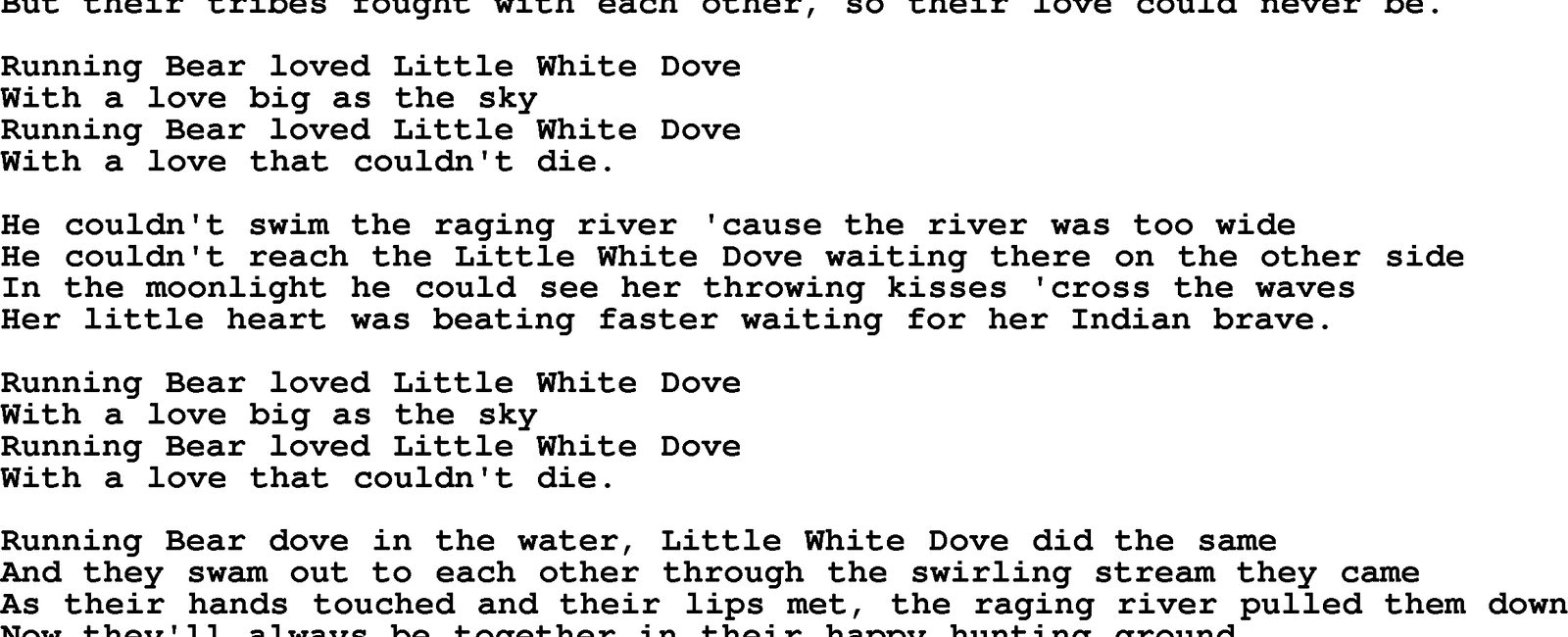 Who did running bear love in the 50s hit song little white dove