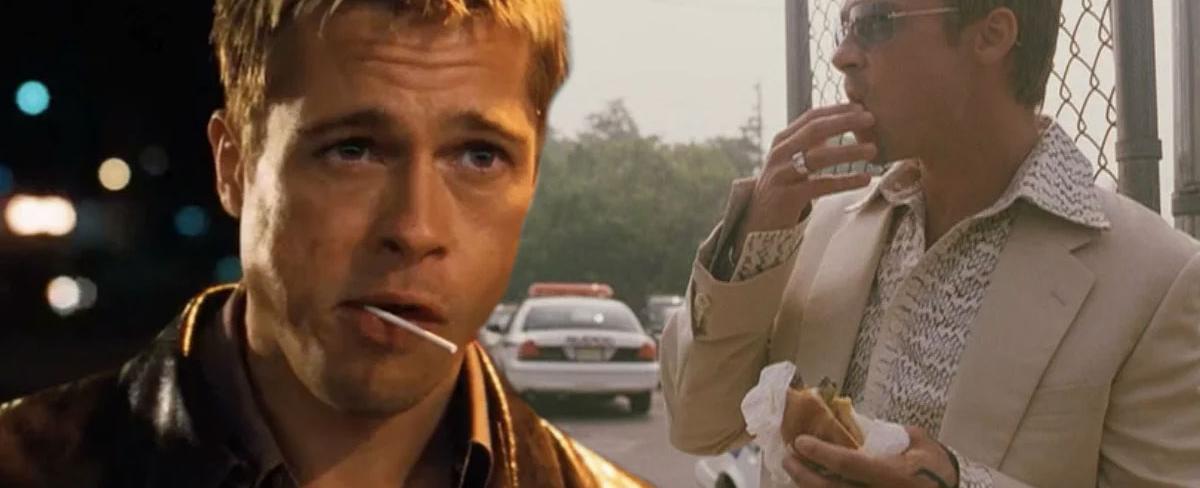 Brad pitt is often eating during his film scenes because he likes to keep himself busy while filming