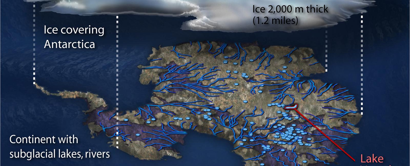 98 of antarctica is covered by an ice sheet and underneath the ice the terrain is rocky and mountainous