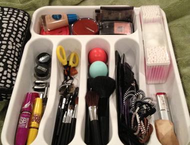 Organize your bathroom essentials with a silverware tray