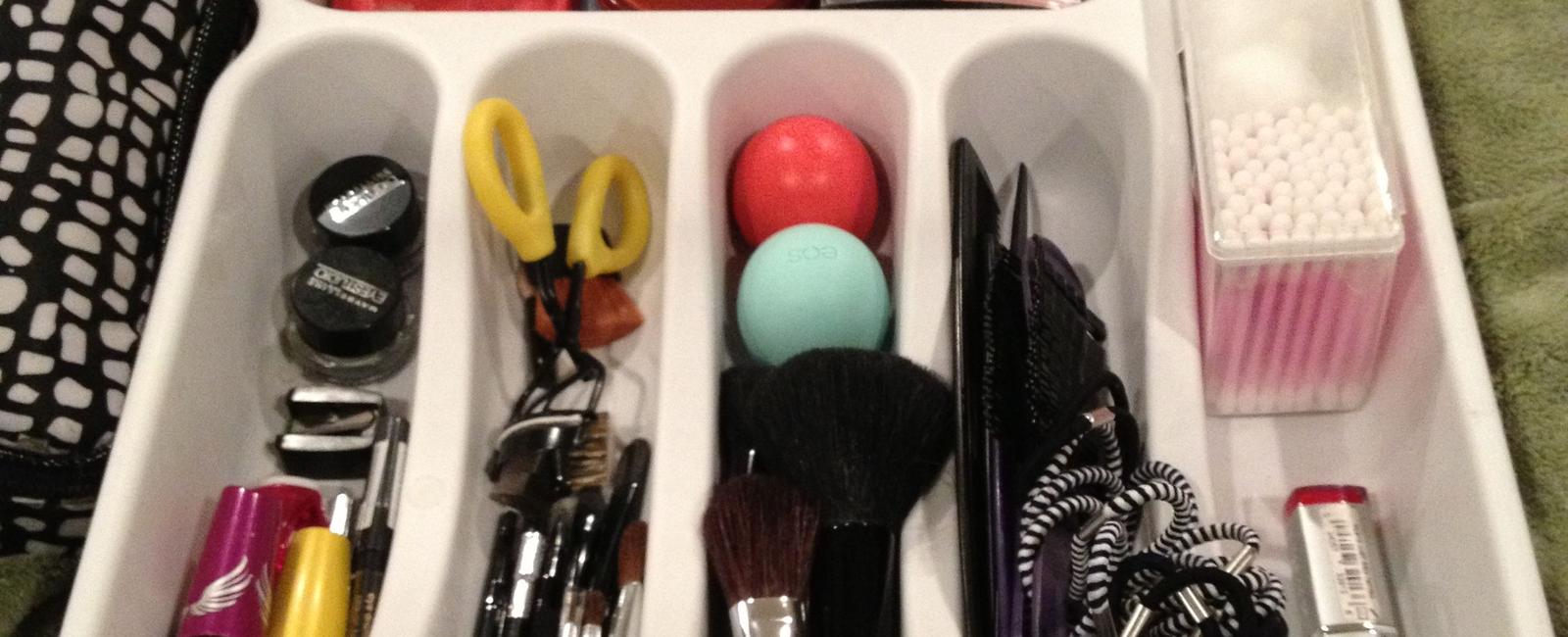 Organize your bathroom essentials with a silverware tray