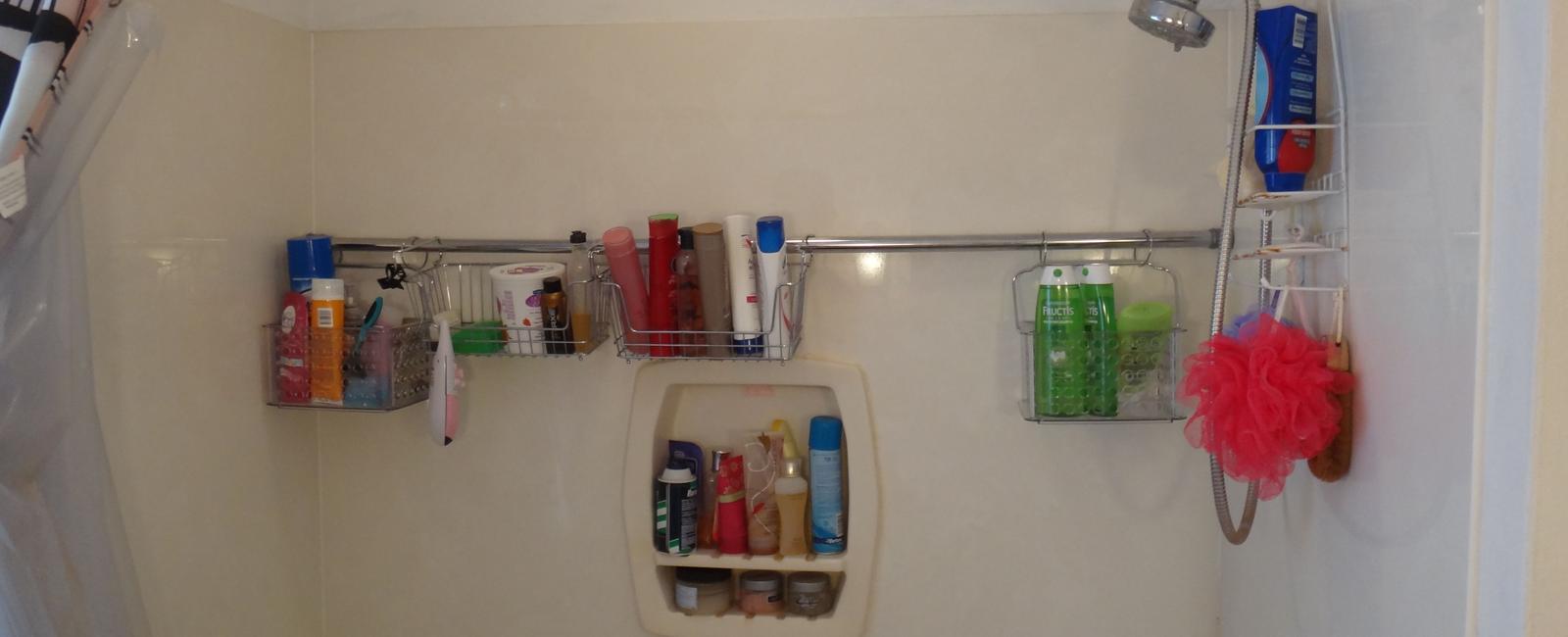 Use a second shower rod to store toiletries