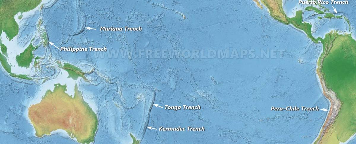 The marianas trench in the western pacific ocean is the 1 580 mile long crescent shaped section in the earth s crust which at points is up to 36 070 feet deep