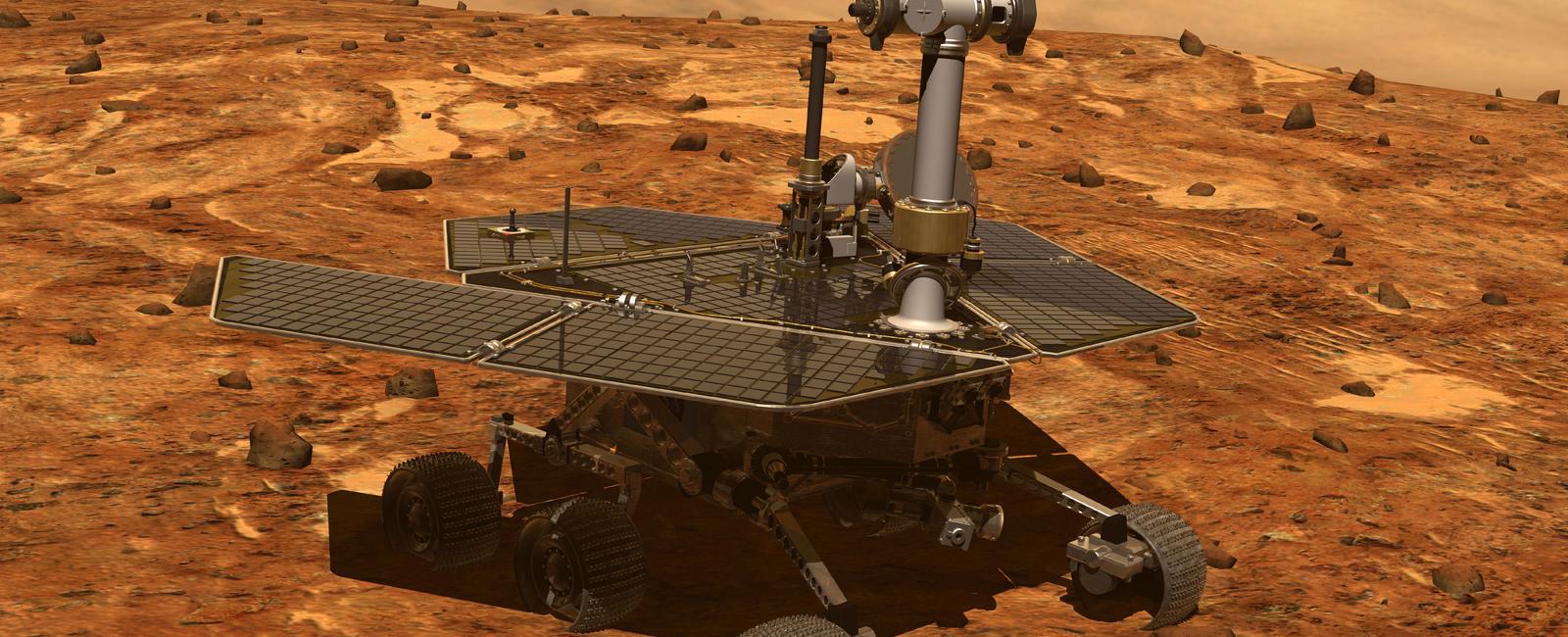 The mars rover spirit is powered by six small motors the size of c batteries it has a top speed of 0 1 mph