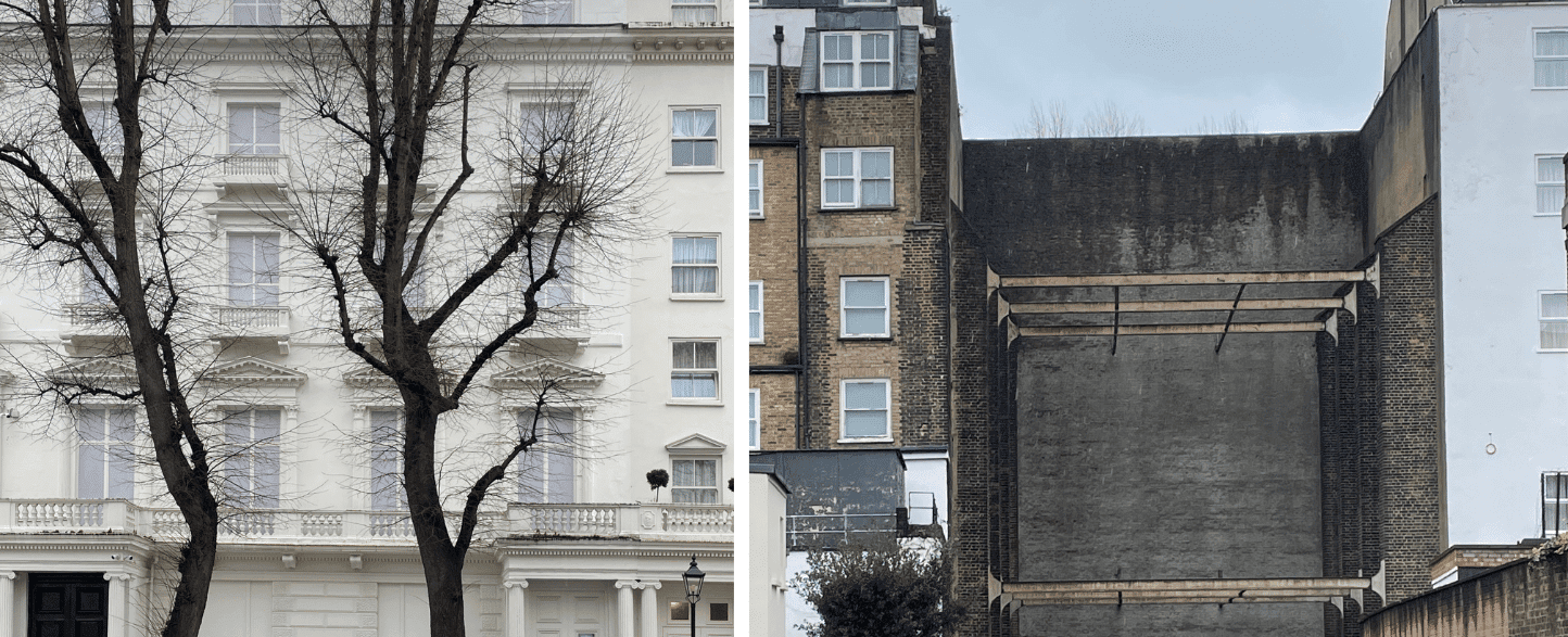 23 and 24 leinster gardens in paddington are dummy houses built to hide the tube line running underneath the metropolitan the windows are painted on and behind the fa ade is a track