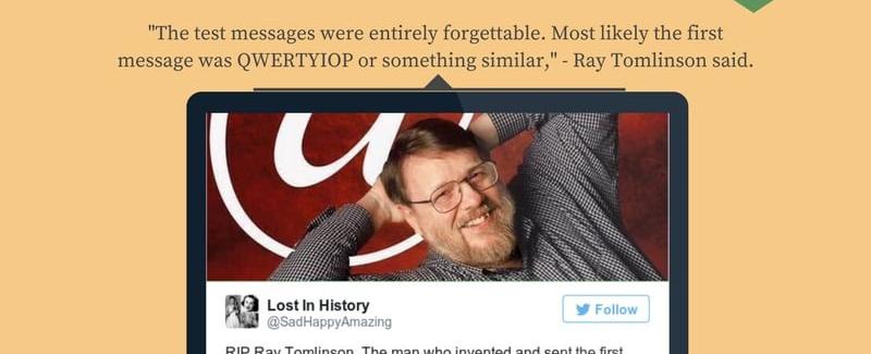 The first email was sent in 1971 by ray tomlinson to himself he doesn t remember what it said